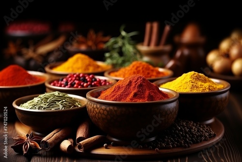Close up shot of a variety of dry spices arranged on a kitchen table.
