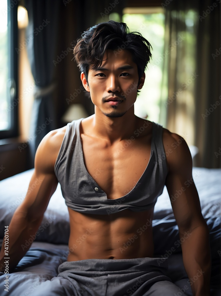Shirtless handsome japanese male model in bed on bedroom looking at camera with a seductive attitude from Generative AI