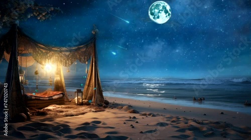 a wallpaper featuring a tent on the sandy shores, with a view of the moonlit sea and traditional Ramadan decorations fluttering in the breeze. seamless looping time-lapse virtual 4k video animation photo