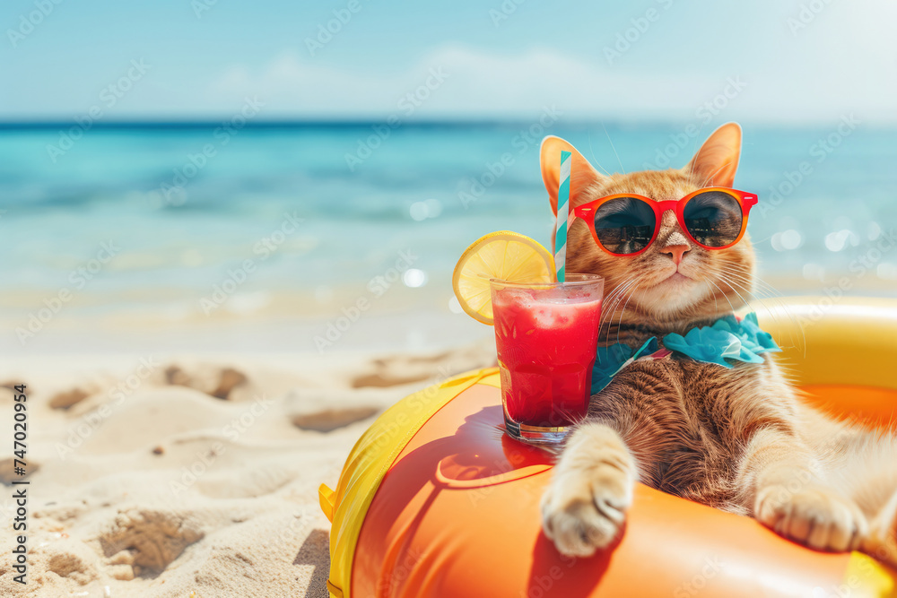 Funny cat in sunglasses relaxing sitting on rubber ring with orange juicy cocktail