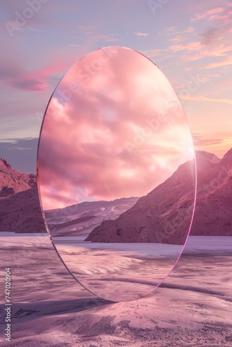 A captivating scene of an iridescent circular crystal standing against pink sunset-lit mountainous terrain photo