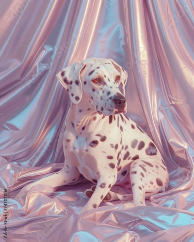 This image showcases a single Dalmatian dog seated gracefully on a metallic pink satin background with a reflective, lustrous texture