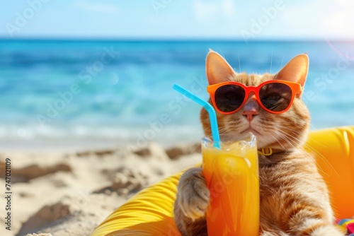 Funny cat in sunglasses relaxing sitting on rubber ring with orange juicy cocktail © stopabox