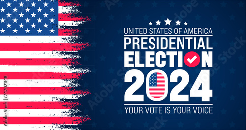 USA Election 2024 brush paint stroke background design template. USA flag 2024 presidential election banner design. US presidential election voting poster. November 5 Vote day banner. vector