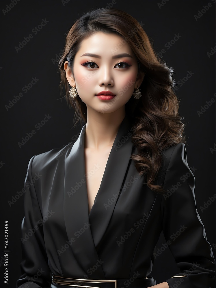 Fashion beautiful young japanese female model dressed elegant formal posing on plain black background from Generative AI Fashion beautiful young japanese female model dressed elegant formal posing on plain black background from Generative AI