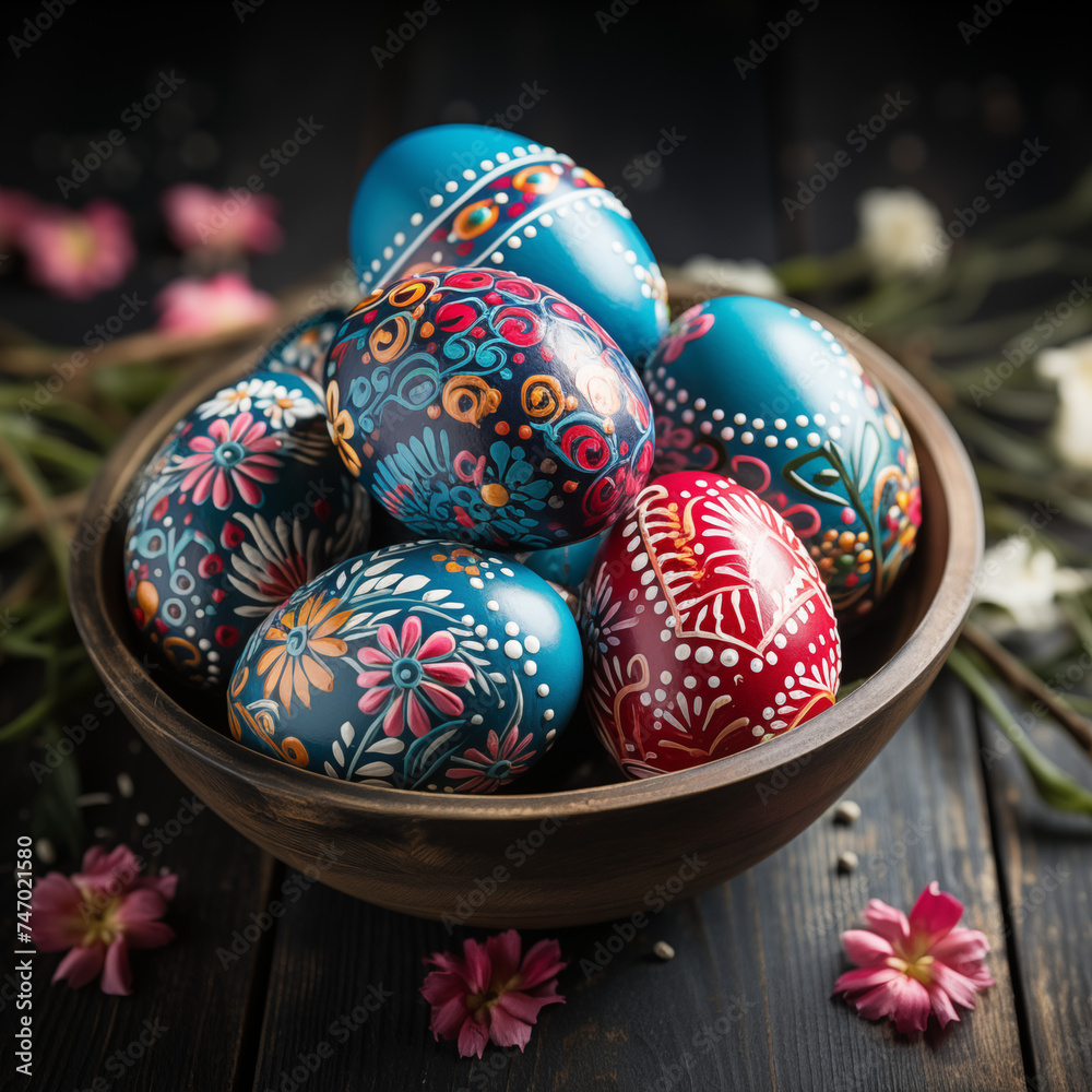 Fototapeta premium Blue Easter eggs with ornaments banner background. Religious holiday banner