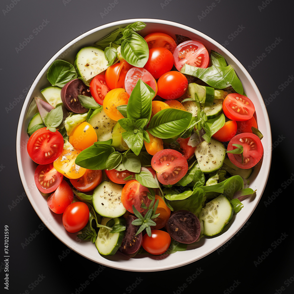 Top view of fresh salad with fresh vegetables in a round bowl. Healthy, vegan food. Commercial Banner Top view of fresh salad with fresh vegetables in a round bowl. Healthy, vegan food. Commercial Banner