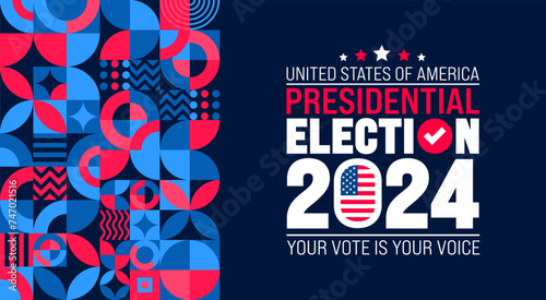 USA Election 2024 geometric shape pattern background design template. USA flag 2024 presidential election banner design. US presidential election voting poster. November 5 Vote day banner. vector