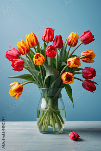 Bouquet of beautiful variegated tulips in a transparent vase on a table on a light blue background. Congratulations to a woman on International Women's Day, Valentine's Day and Birthday