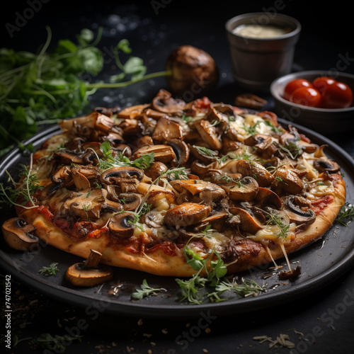 Fresh and yummy italian pizza with mushrooms and cheese cut into slices on rustic wooden table. Restaurant menu photo.