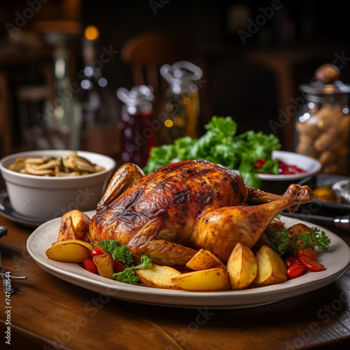 Crispy and juicy roasted chicken on a plate, black background. Photo for a restaurant menu, commercial ad banner