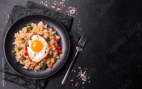 Fried rice with chicken, egg and vegetables in a plate. Black background