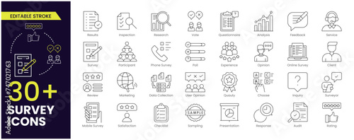 Survey Editable Stroke icon set. Containing feedback, opinion, questionnaire, poll, research, data collection, review and satisfaction icons. Editable Outline line icon collection. Vector.