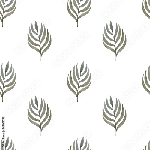 Fototapeta Naklejka Na Ścianę i Meble -  A pattern from an illustration of watercolor green twigs with leaves. It was drawn by hand.