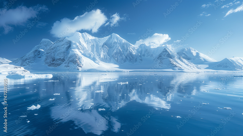 A breathtaking Antarctic scene with snow-covered mountains reflected in the crystal-clear waters under a blue sky..