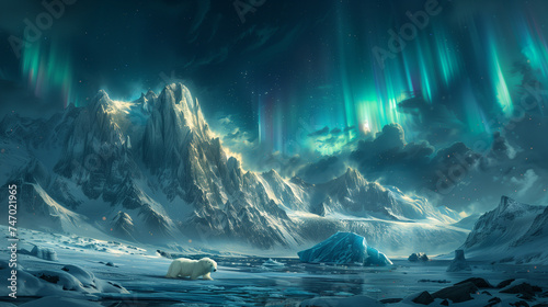 A mystical Arctic scene under the Northern Lights, featuring a lone polar bear against a backdrop of ice-covered mountains.