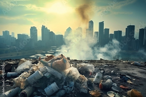 A vast heap of trash dominates the foreground, contrasting with the city skyline in the background. Illustrating the issue of environmental pollution and its impact on urban areas