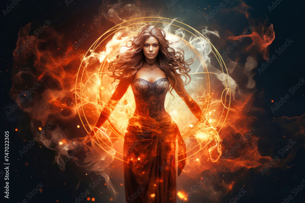 A woman stands confidently within a circle of fiery flames, creating a striking and powerful visual