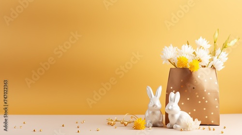 Golden paper bag with white daisies and yellow details, flanked by ceramic rabbits, for a charming Easter display. photo