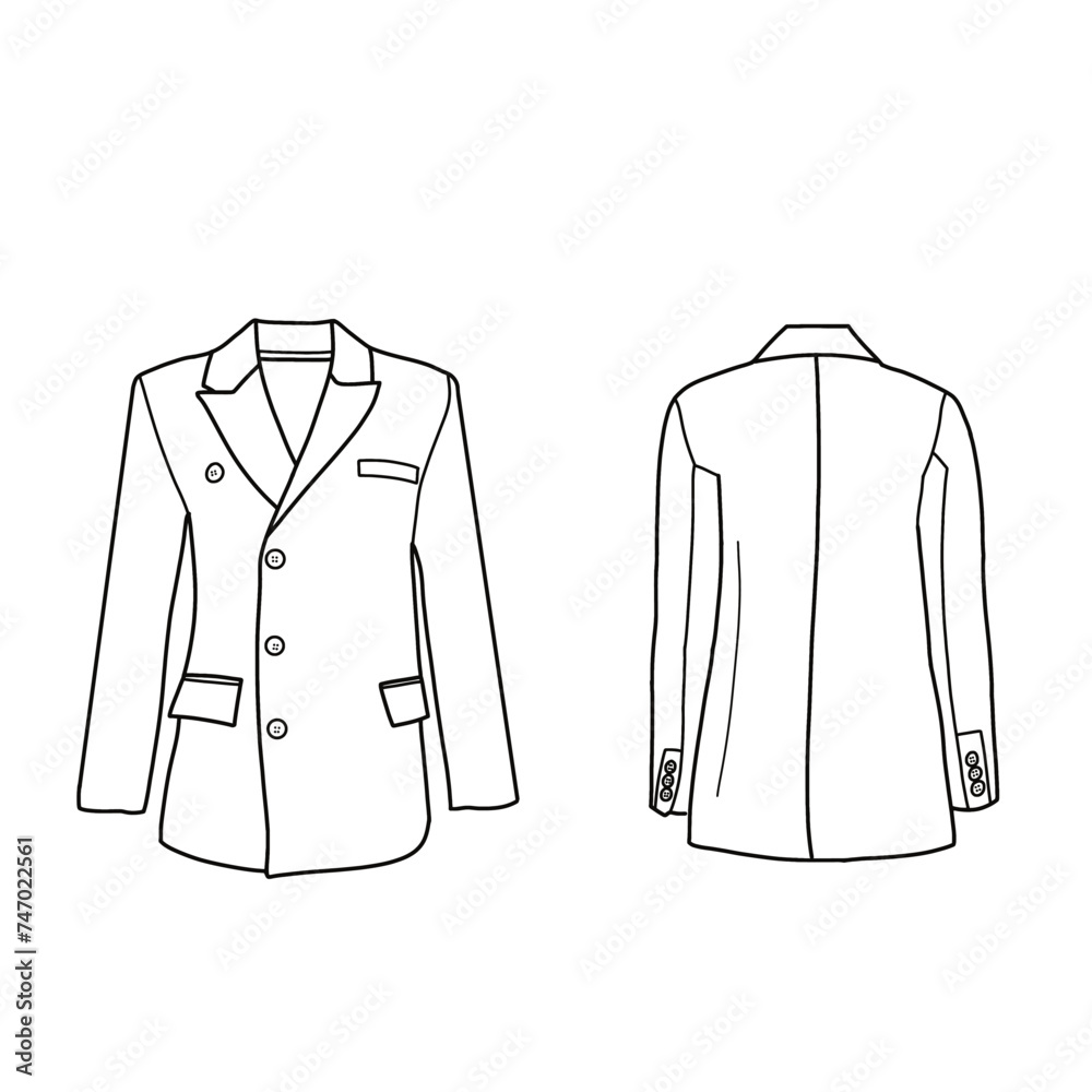 Technical sketch drawing of a women's suit, formal suit, long sleeve blazer jacket. Flat technical drawing template. Triple button coat jacket vector template illustration. front and back view. Technical sketch drawing of a women's suit, formal suit, long sleeve blazer jacket. Flat technical drawing template. Triple button coat jacket vector template illustration. front and back view.