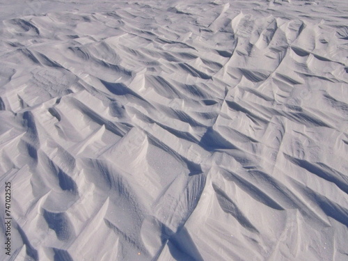Abstract pattern of waves on a snowy field. Arctic, Russia.