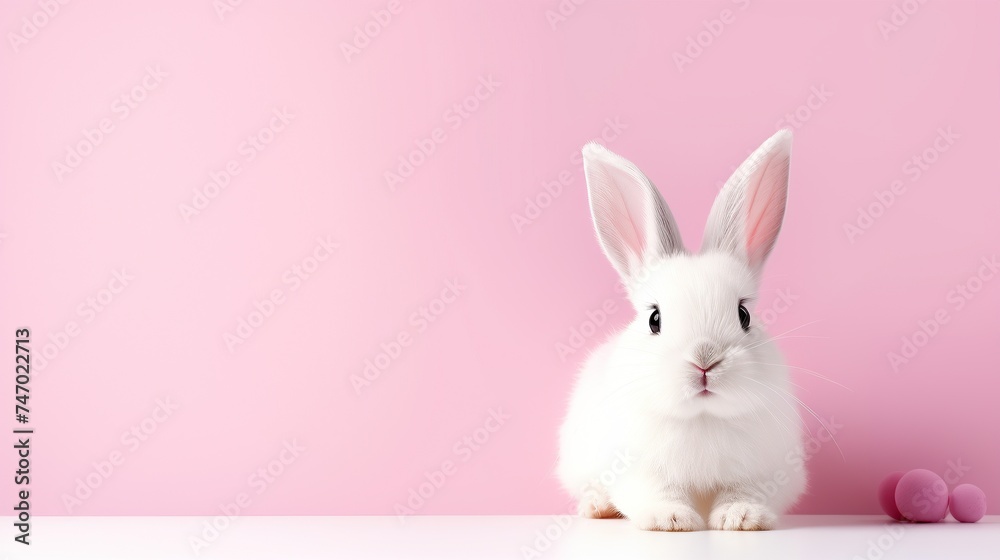 A charming white bunny on a soft pink background, perfect for sweet and playful Easter designs.