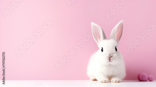A charming white bunny on a soft pink background, perfect for sweet and playful Easter designs. © NoLimitStudio