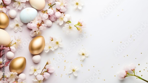 A delicate arrangement of golden and pastel Easter eggs amidst cherry blossoms  perfect for spring and Easter themed designs.