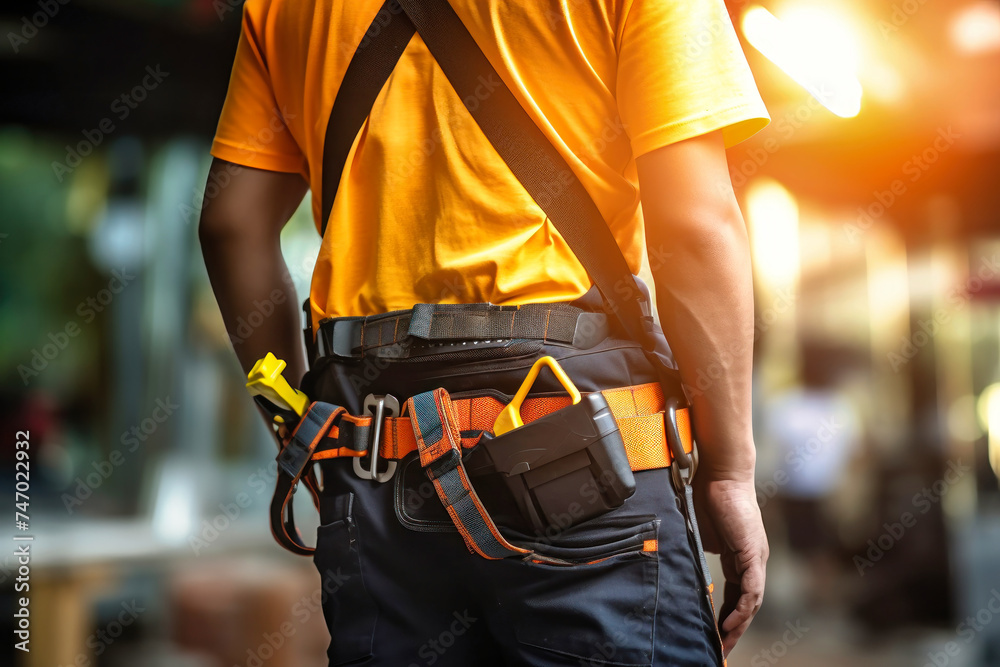 A man wearing a yellow shirt is holding a tool belt - obrazy, fototapety, plakaty 