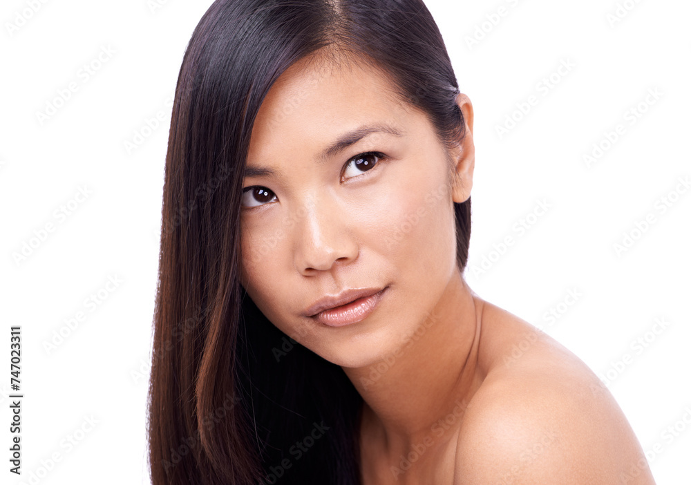 Asian woman, thinking and white background with hair or skin for beauty, model and cosmetics for skincare or routine. Wellness, closeup and natural or healthy face with dermatology isolated in studio Asian woman, thinking and white background with hair or skin for beauty, model and cosmetics for skincare or routine. Wellness, closeup and natural or healthy face with dermatology isolated in studio