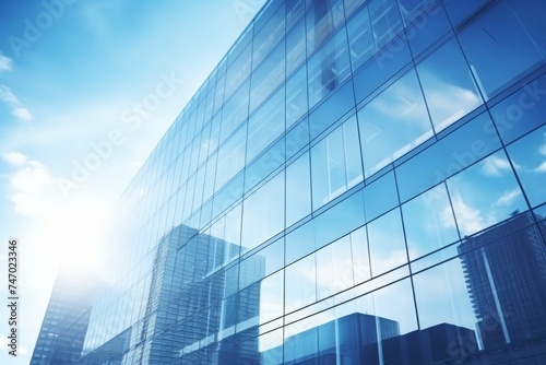 Modern office building with glass facades and blue sky  finance and business concept
