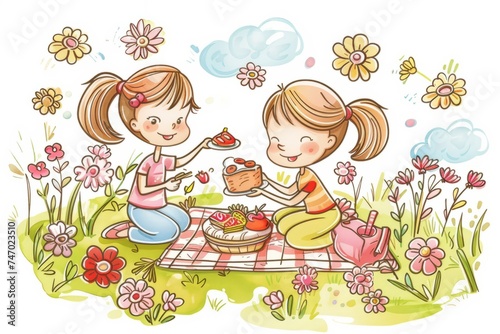 Cartoon cute doodles of children having a picnic among blooming flowers in the garden  Generative AI