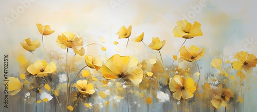 A painting featuring vibrant yellow flowers blooming against a gray background  capturing the essence of springtime with its colorful display of petals. The contrast between the bright flowers and