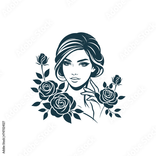 The face of a beautiful girl with flowers in her hair. black and white silhouette. Creative beauty design. Vector Use Logo T-shirt