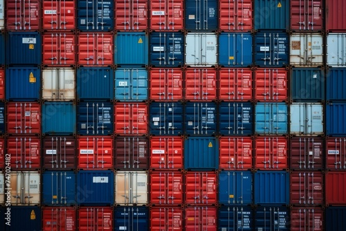 Stacked cargo containers in freight sea port terminal, export-import and national delivery