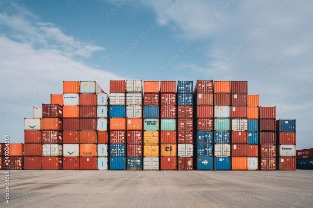 Fototapeta premium Stacked cargo containers at sea port terminal, concept of export-import and delivery of goods
