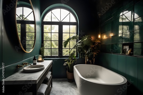 Bathroom in the loft, decorated in white marble and dark green, featuring a sink, a round mirror, and a tub situated close to a loft window