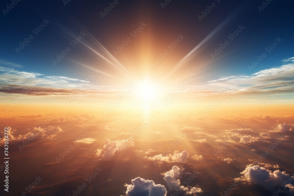 Fototapeta premium Sunrise view of earth from space with sun reflected on oceans horizon, stunning planet imagery