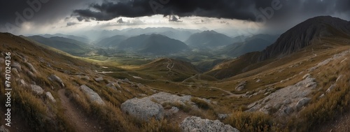 Wide angle panoramic view of a beautiful landscape on top of mountain with dark stormy clouds from Generative AI