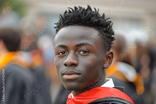 Retrato de chico afrodescendiente en su ceremonia de graduacion orgulloso y feliz. Estudiante vestido con toga negra y estola roja al fondo sus compañeros.