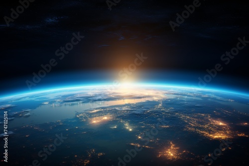 Stunning sunrise view of earth from space, sunlight reflected on ocean over the horizon