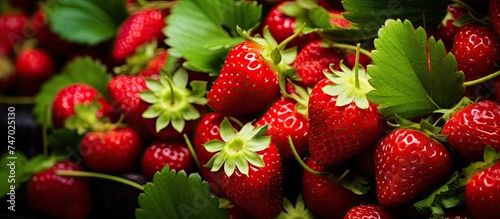 A close up view of a bunch of ripe, red organic strawberries on a green bush, growing on a farm. The strawberries are plump and juicy, ready to be picked and enjoyed.