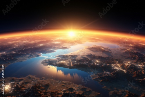 Sunrise view of earth from space  sun reflecting on ocean  horizon of planet earth over sunlit ocean