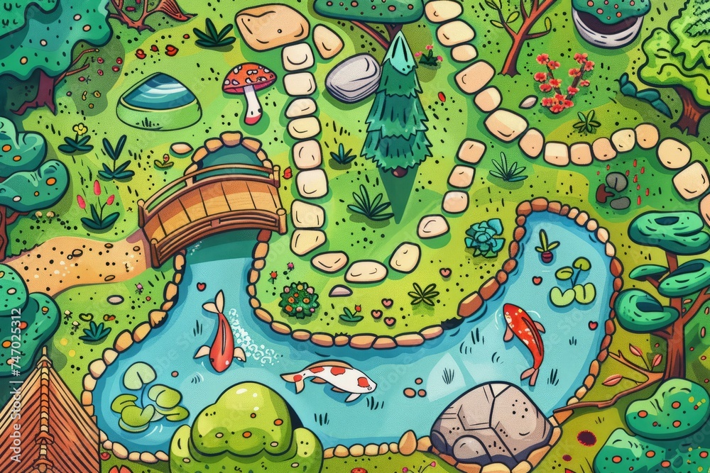 Cartoon cute doodles of a serene Japanese garden with a koi pond and winding stone pathways, Generative AI