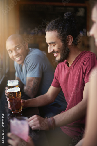 Photography Friends, men and smile in pub with beer for happy hour, relax or social event with window view