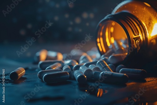 Pills Spilling Out of a Bottle on a Table. Generative AI photo