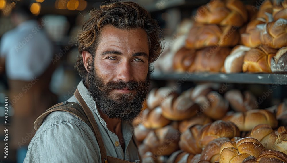 Artisan baker in a rustic bakery with fresh loaves of bread