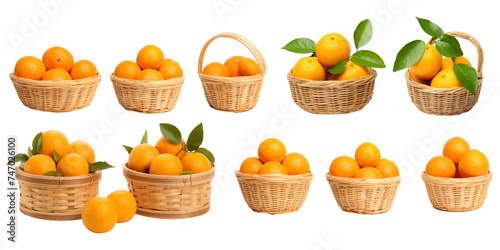 Collection of orange in wooden basket isolated on a white background as transparent PNG
