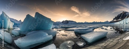 Wide angle panoramic view of an ice glacier formation from Generative AI