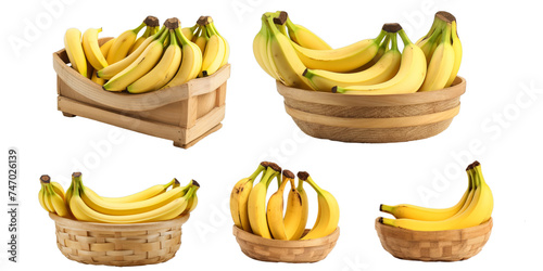 Collection of banana in wooden basket isolated on a white background as transparent PNG